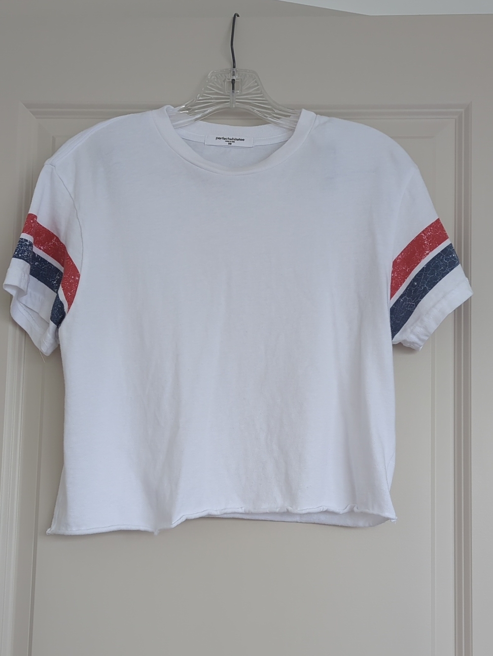 perfectwhitetee Lexi Athletic Cotton White Tee w Red & Navy Sleeve Stripes - xs
